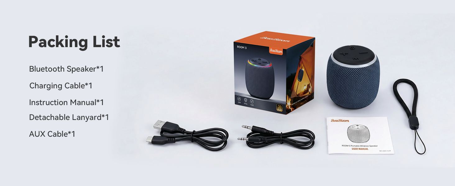 BassBloom ROOM 3 Portable Bluetooth Speaker – IPX6 Waterproof, TWS Pairing, 12W Powerful Stereo Sound with RGB Lights, Bluetooth 5.4, All-Day Playtime, For Use on Any Surface at Home