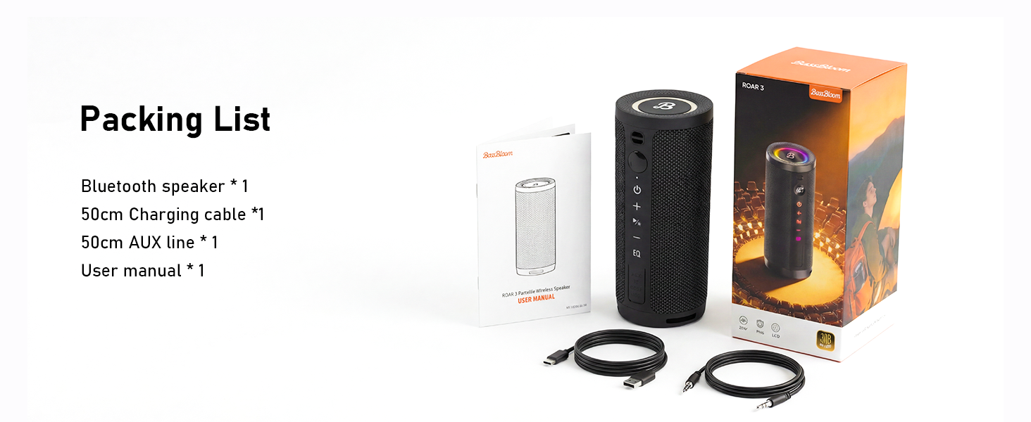 BassBloom Roar 3 Portable Bluetooth Speaker,20W Powerful Sound with JIKE Bass,IPX6 Waterproof,24H Playtime,Bluetooth 5.4,RGB Lights,Wireless TWS Pairing,Outdoor for Camping and Beach