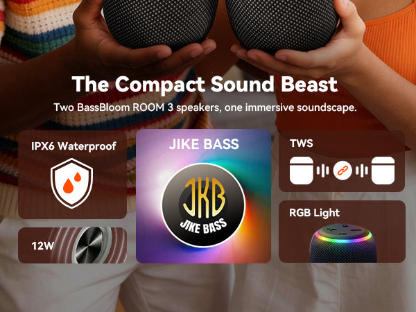 BassBloom ROOM 3 Portable Bluetooth Speaker – IPX6 Waterproof, TWS Pairing, 12W Powerful Stereo Sound with RGB Lights, Bluetooth 5.4, All-Day Playtime, For Use on Any Surface at Home