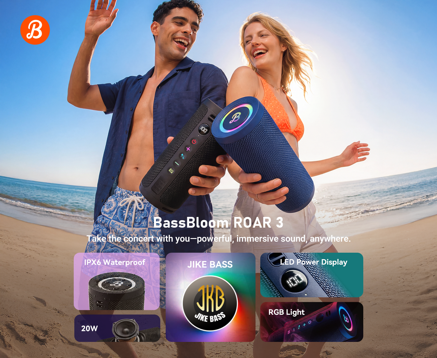 BassBloom Roar 3 Portable Bluetooth Speaker,20W Powerful Sound with JIKE Bass,IPX6 Waterproof,24H Playtime,Bluetooth 5.4,RGB Lights,Wireless TWS Pairing,Outdoor for Camping and Beach