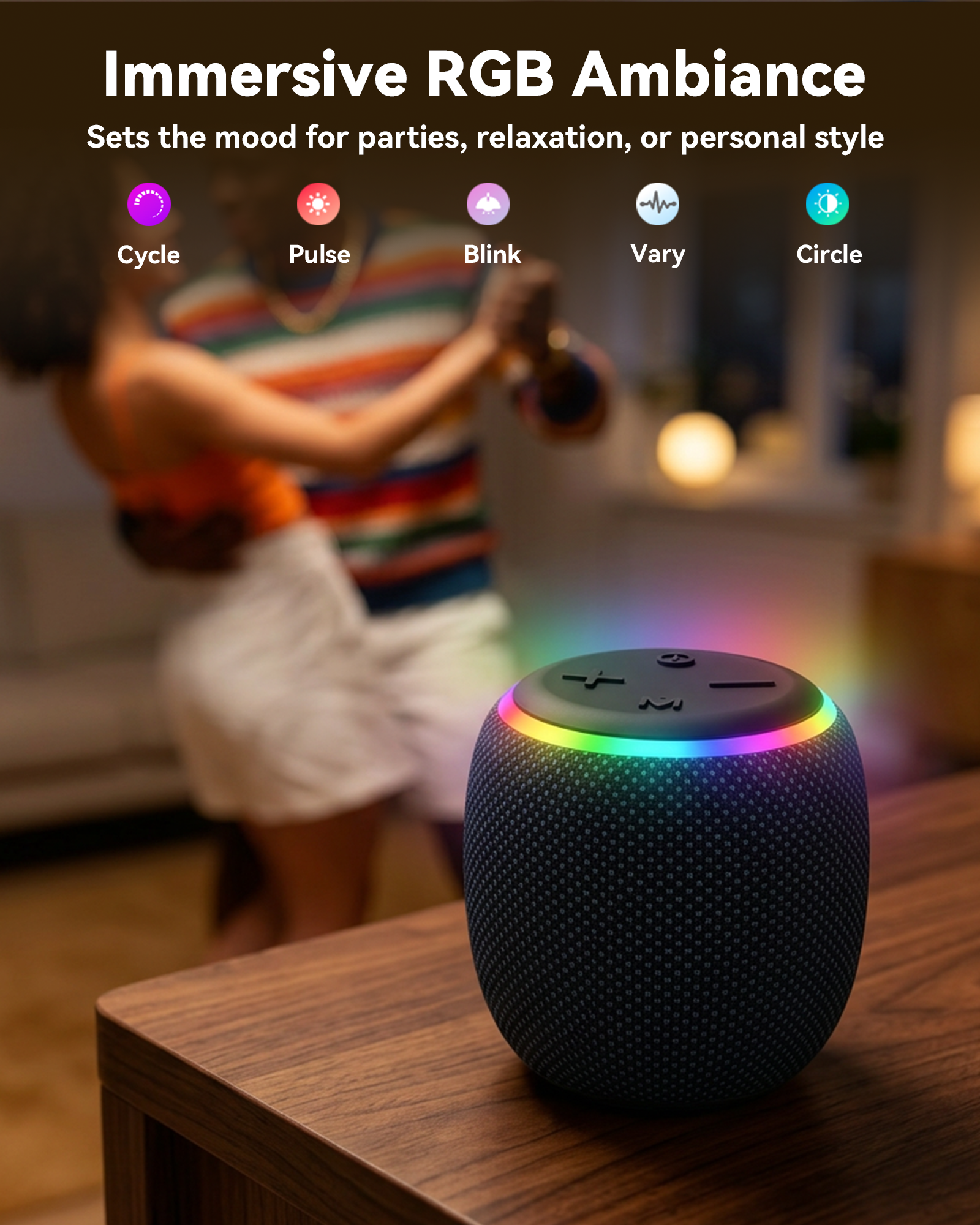 BassBloom ROOM 3 Portable Bluetooth Speaker – IPX6 Waterproof, TWS Pairing, 12W Powerful Stereo Sound with RGB Lights, Bluetooth 5.4, All-Day Playtime, For Use on Any Surface at Home
