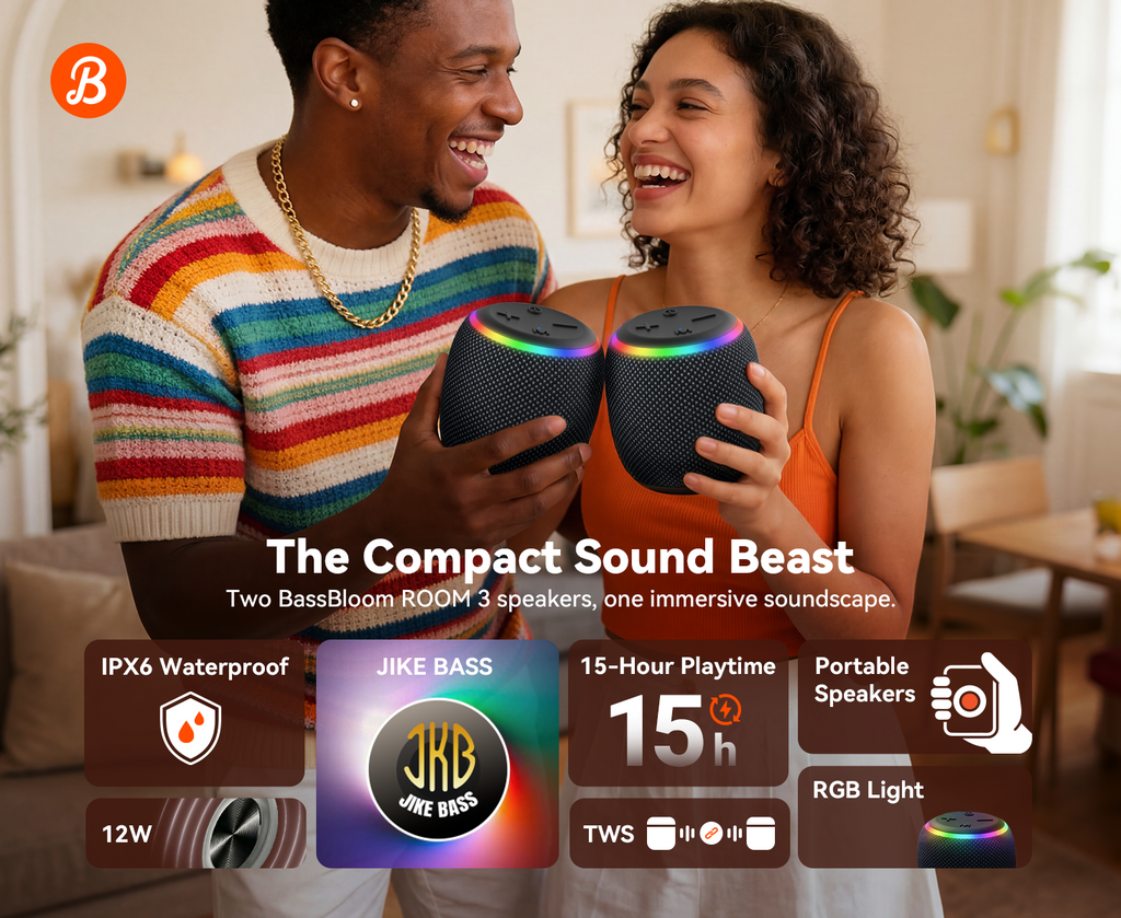 BassBloom ROOM 3 Portable Bluetooth Speaker – IPX6 Waterproof, TWS Pairing, 12W Powerful Stereo Sound with RGB Lights, Bluetooth 5.4, All-Day Playtime, For Use on Any Surface at Home
