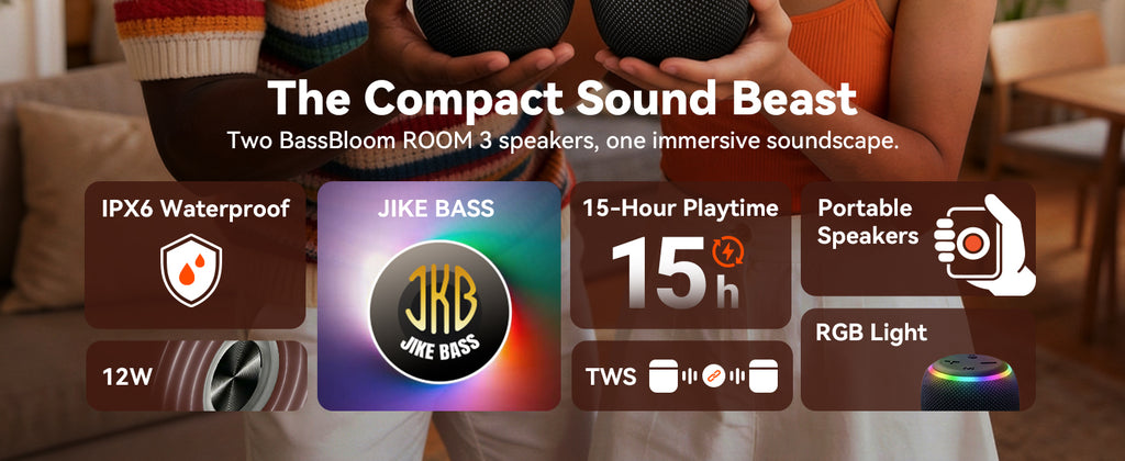 BassBloom ROOM 3 Portable Bluetooth Speaker – IPX6 Waterproof, TWS Pairing, 12W Powerful Stereo Sound with RGB Lights, Bluetooth 5.4, All-Day Playtime, For Use on Any Surface at Home