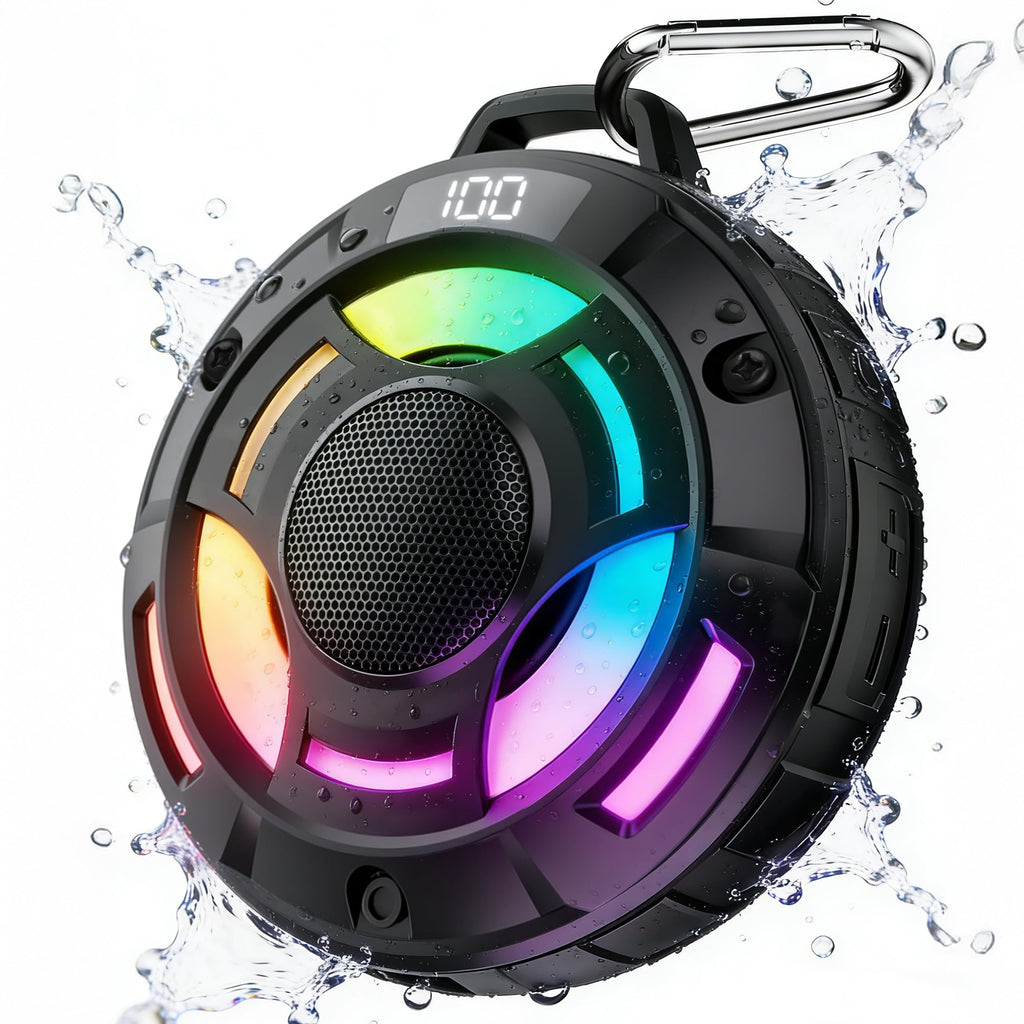 BassBloom Room 1 Portable Bluetooth Speaker,IPX7 Waterproof Shower Speaker with 12W Powerful Sound, 15H Playtime, LED Power Display, RGB Lights, for Pool, Beach, Camping