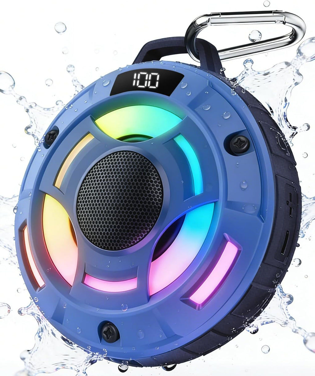 BassBloom Room 1 Portable Bluetooth Speaker,IPX7 Waterproof Shower Speaker with 12W Powerful Sound, 15H Playtime, LED Power Display, RGB Lights, for Pool, Beach, Camping