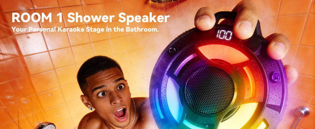 BassBloom Room 1 Portable Bluetooth Speaker,IPX7 Waterproof Shower Speaker with 12W Powerful Sound, 15H Playtime, LED Power Display, RGB Lights, for Pool, Beach, Camping