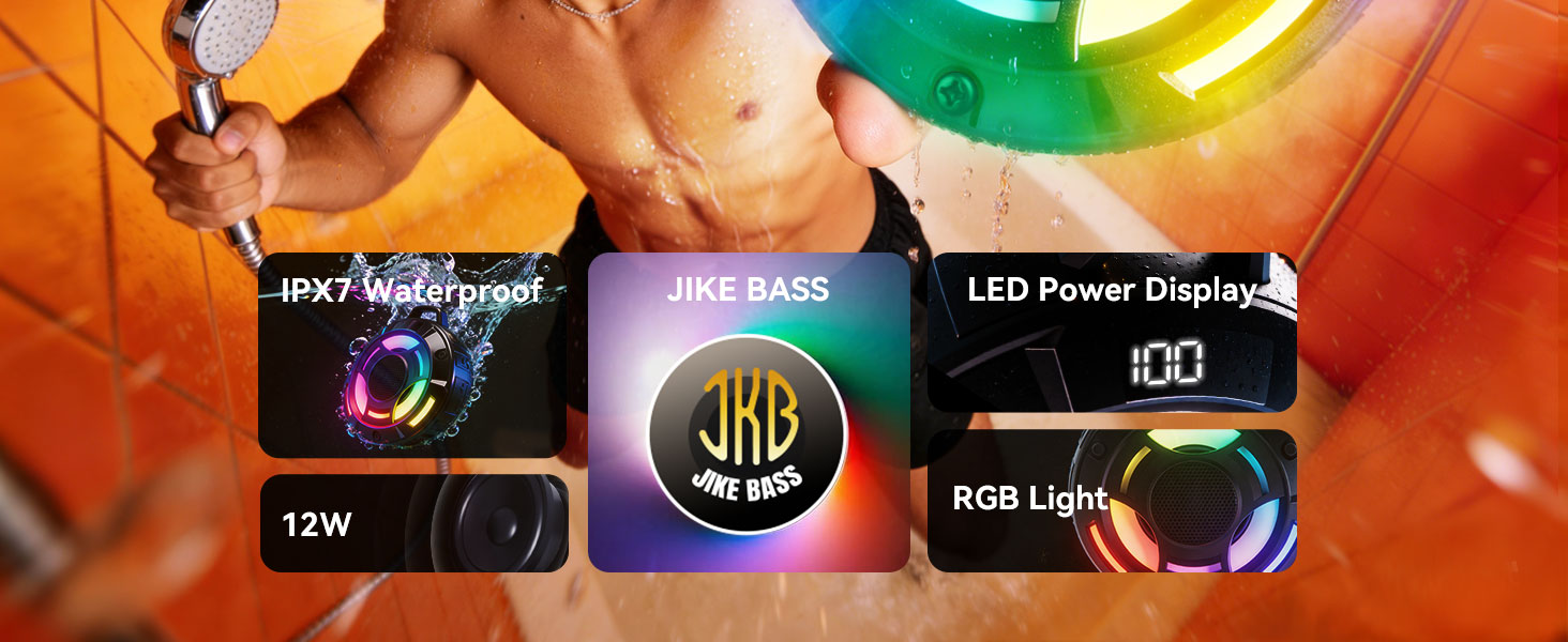 BassBloom Room 1 Portable Bluetooth Speaker,IPX7 Waterproof Shower Speaker with 12W Powerful Sound, 15H Playtime, LED Power Display, RGB Lights, for Pool, Beach, Camping