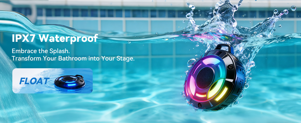BassBloom Room 1 Portable Bluetooth Speaker,IPX7 Waterproof Shower Speaker with 12W Powerful Sound, 15H Playtime, LED Power Display, RGB Lights, for Pool, Beach, Camping