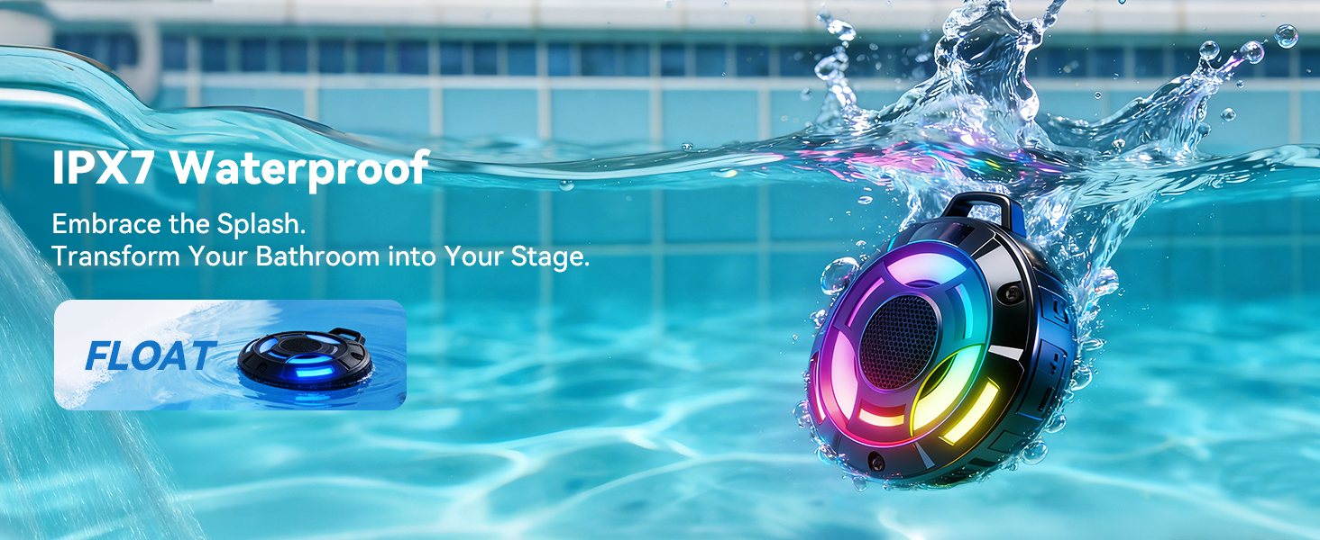 BassBloom Room 1 Portable Bluetooth Speaker,IPX7 Waterproof Shower Speaker with 12W Powerful Sound, 15H Playtime, LED Power Display, RGB Lights, for Pool, Beach, Camping