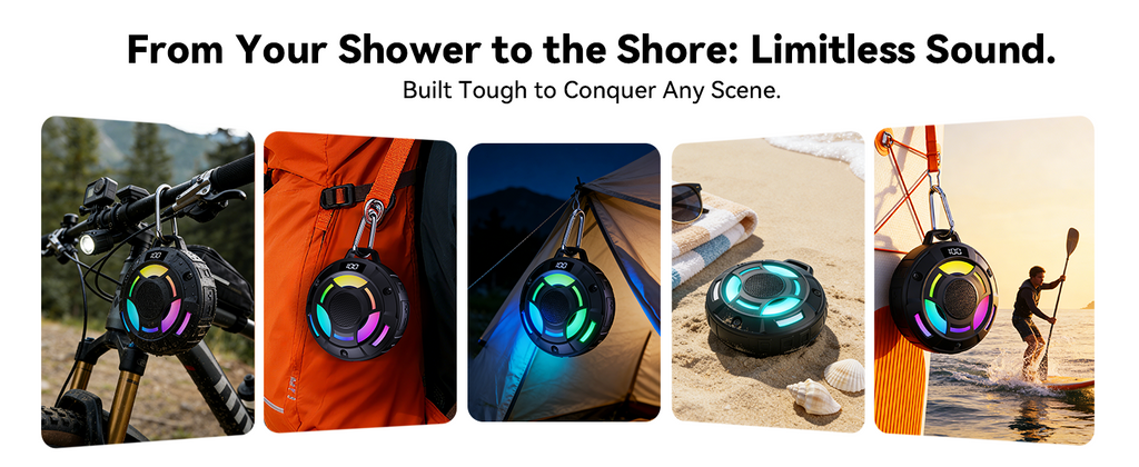 BassBloom Room 1 Portable Bluetooth Speaker,IPX7 Waterproof Shower Speaker with 12W Powerful Sound, 15H Playtime, LED Power Display, RGB Lights, for Pool, Beach, Camping