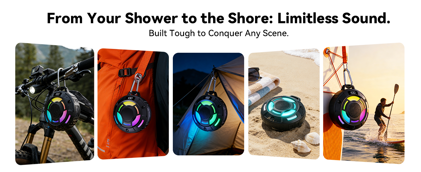 BassBloom Room 1 Portable Bluetooth Speaker,IPX7 Waterproof Shower Speaker with 12W Powerful Sound, 15H Playtime, LED Power Display, RGB Lights, for Pool, Beach, Camping