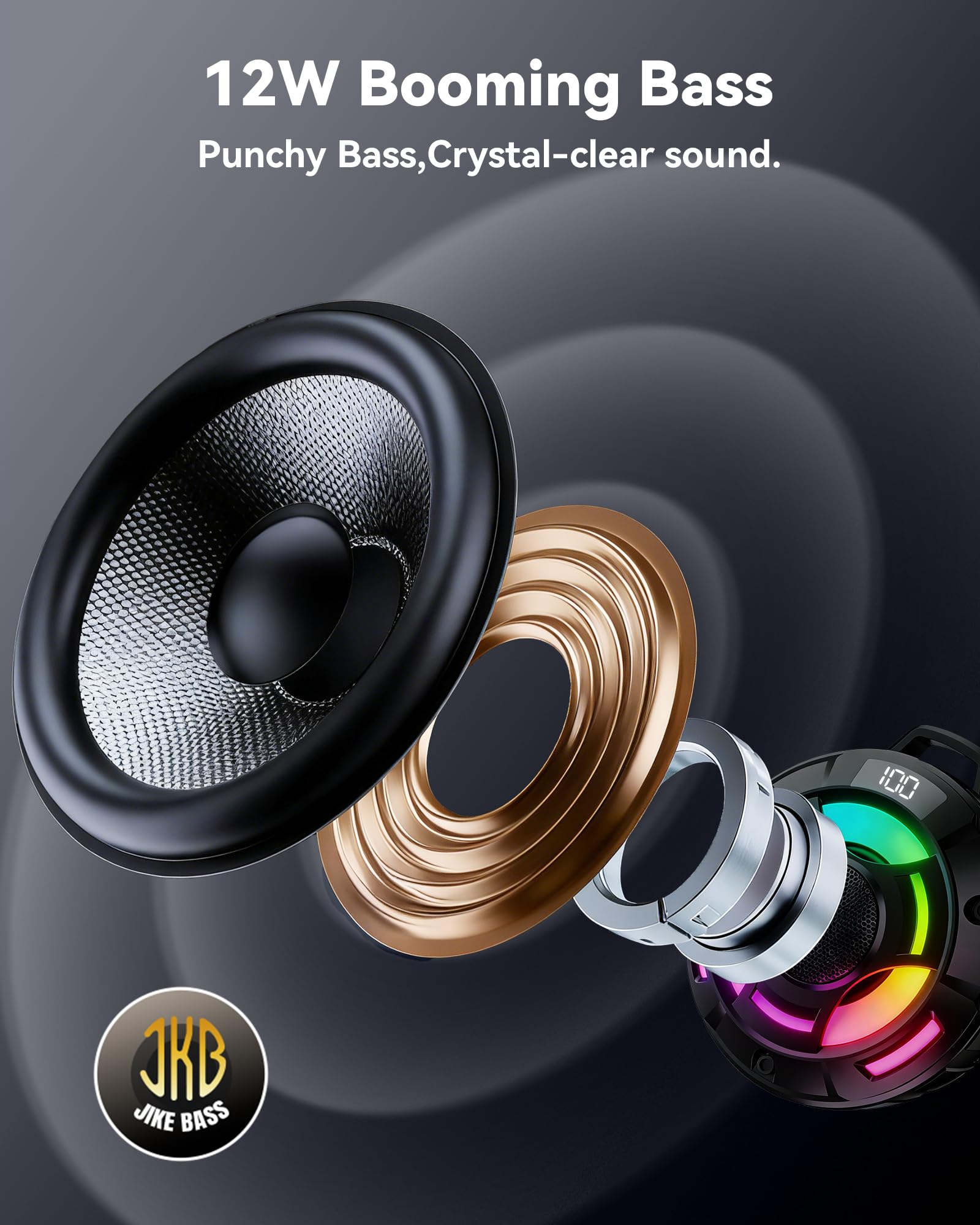 BassBloom Room 1 Portable Bluetooth Speaker,IPX7 Waterproof Shower Speaker with 12W Powerful Sound, 15H Playtime, LED Power Display, RGB Lights, for Pool, Beach, Camping