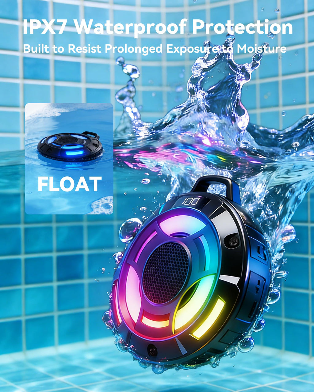 BassBloom Room 1 Portable Bluetooth Speaker,IPX7 Waterproof Shower Speaker with 12W Powerful Sound, 15H Playtime, LED Power Display, RGB Lights, for Pool, Beach, Camping