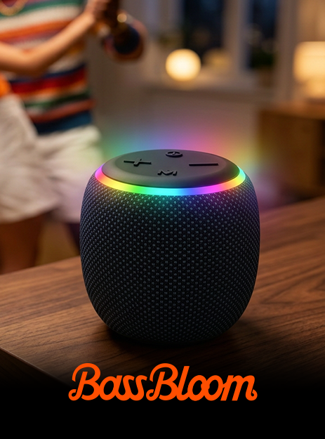 BassBloom ROOM 3 Portable Bluetooth Speaker – IPX6 Waterproof, TWS Pairing, 12W Powerful Stereo Sound with RGB Lights, Bluetooth 5.4, All-Day Playtime, For Use on Any Surface at Home
